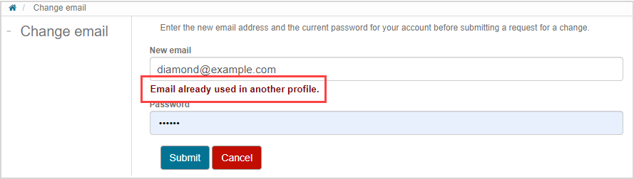 A warning message appears below the "New email" field: "Email already used in another profile."